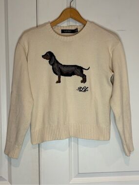LAUREN Ralph Lauren Cream Dachshund Dog Intarsia Knit Cotton Crew Sweater M